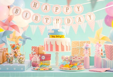 Fiesta con torta de cumpleaños con velas y regalos Fiesta con torta de cumpleaños con velas y regalos