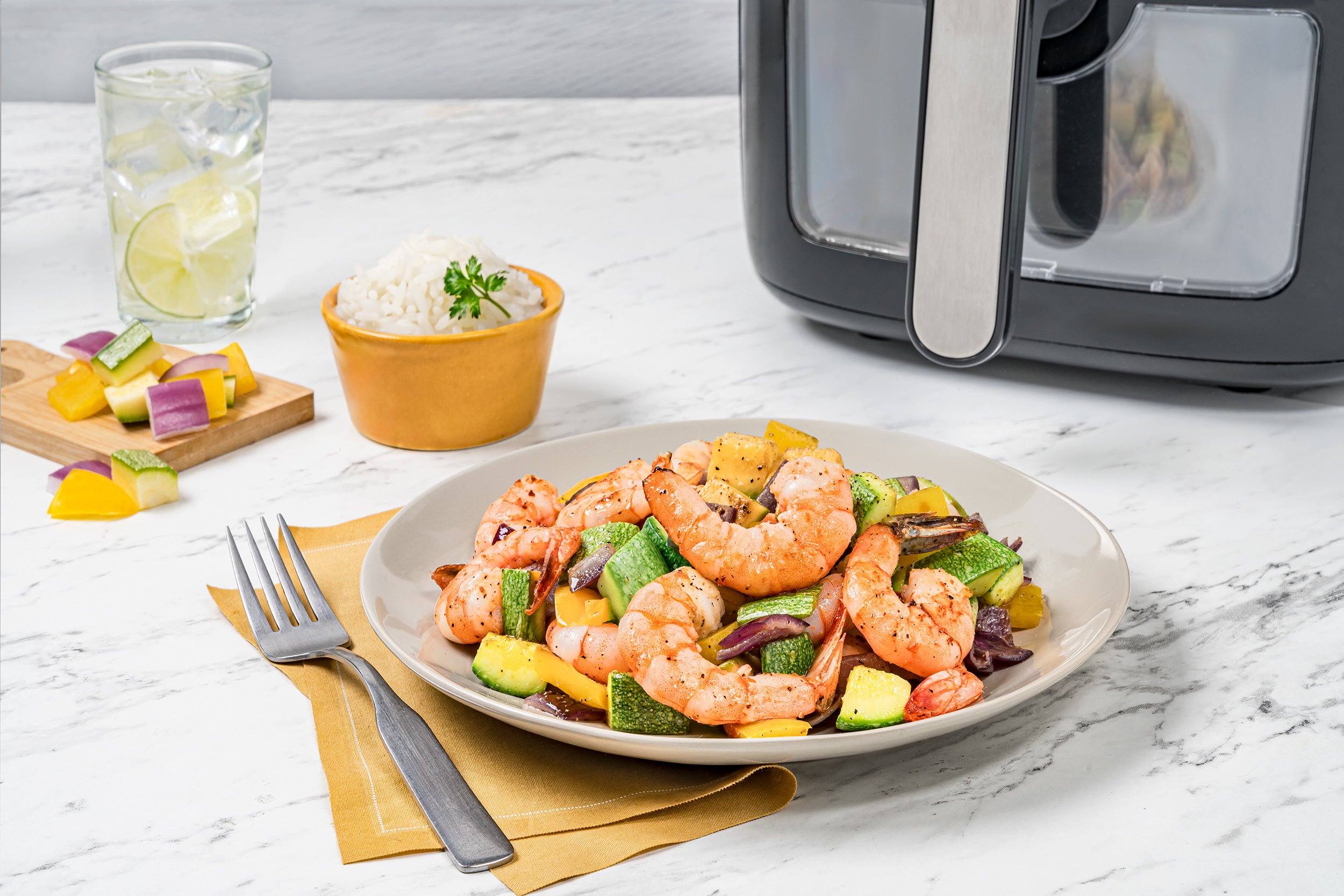 Salteado de camarones y verduras en Airfryer