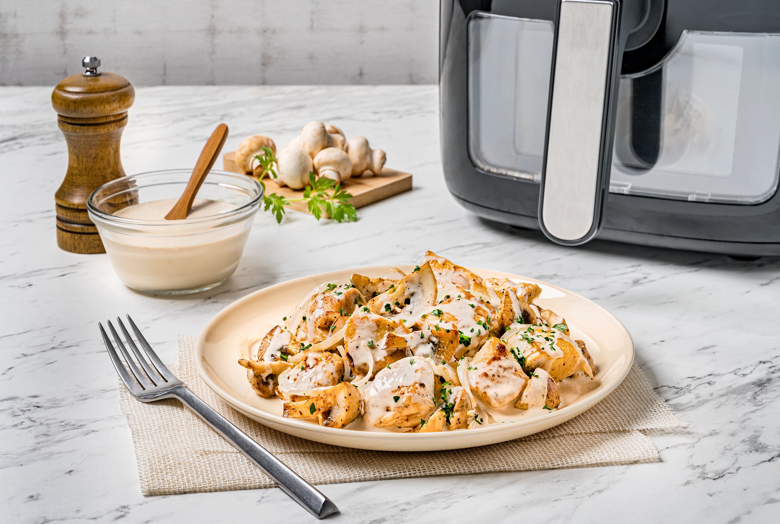 Pollo y champiñones en Airfryer