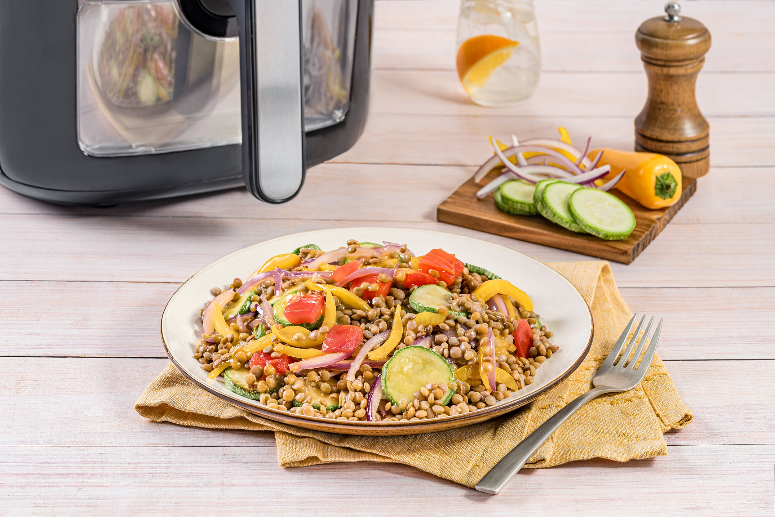 Guiso de lentejas vegetariano mediterráneo en Airfryer