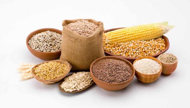 Varios tipos de granos como maíz, arroz, quinoa y diferentes tipos de cereales