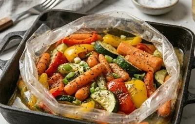 Vegetales asados en bolsa al horno: morrón rojo y amarillo, zanahoria y zucchini con finas hierbas junto a arroz Yamaní