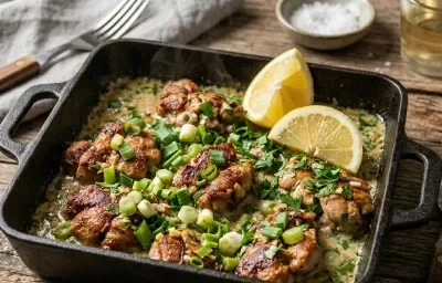 Mollejas al verdeo horneadas con rodajas de limón y cebolla de verdeo en fuente
