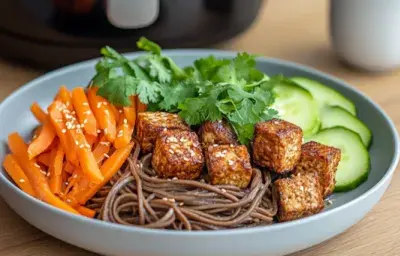 Bocados de tofu en freidora de aire con ensalada de fideos soba