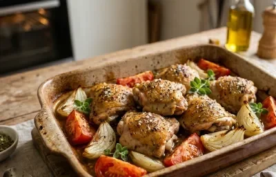 Muslos de pollo al horno estilo mediterráneo con tomates, cebolla y orégano en fuente rustica