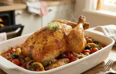 Pollo entero al horno, dorado y jugoso en fuente con tomates cherry, aceitunas y hierbas