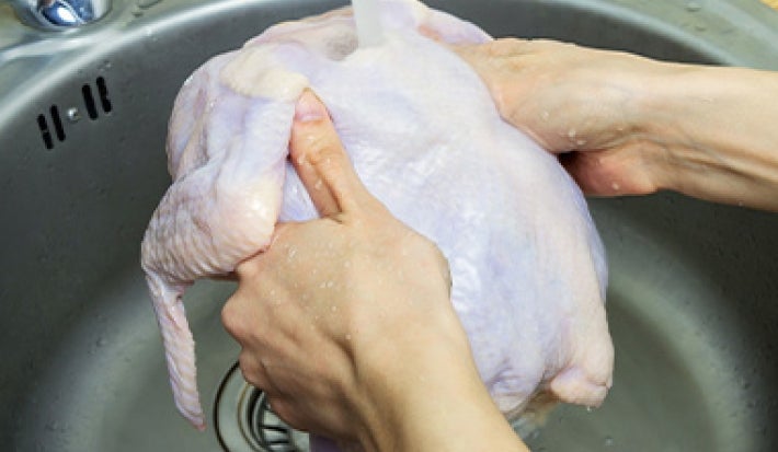 Un pollo entero siendo lavado con agua. Un pollo entero siendo lavado con agua.