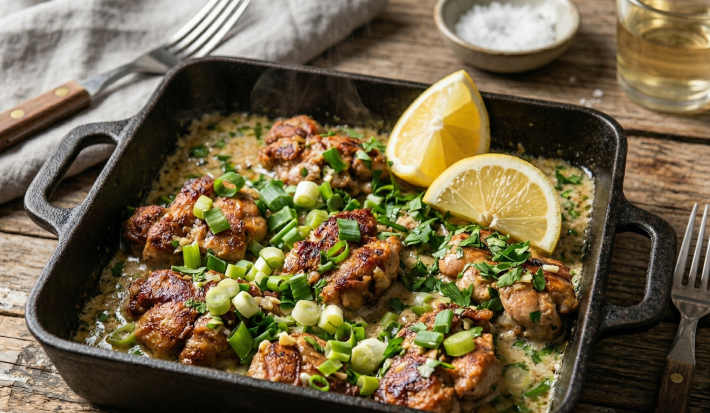 Mollejas al verdeo horneadas con rodajas de limón y cebolla de verdeo en fuente