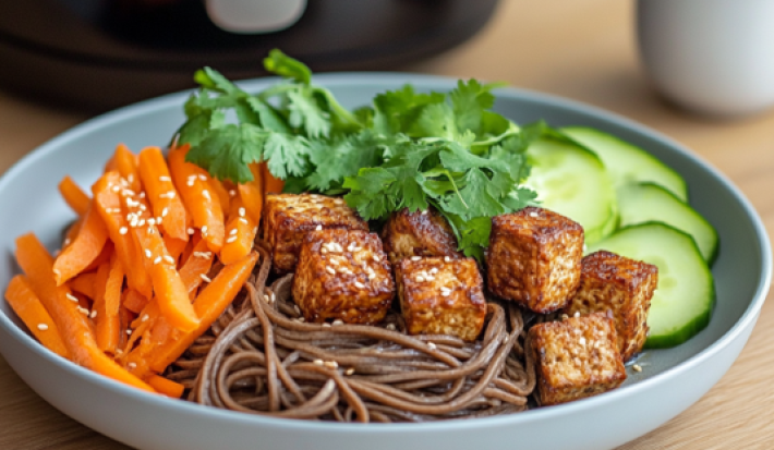Bocados de tofu en freidora de aire con ensalada de fideos soba