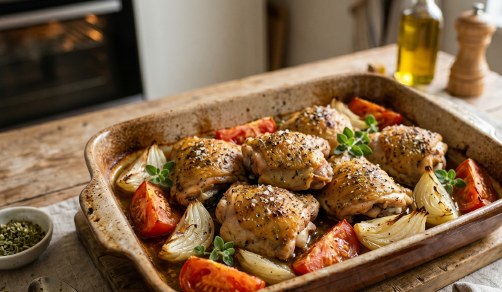 Muslos de pollo al horno estilo mediterráneo con tomates, cebolla y orégano en fuente rustica